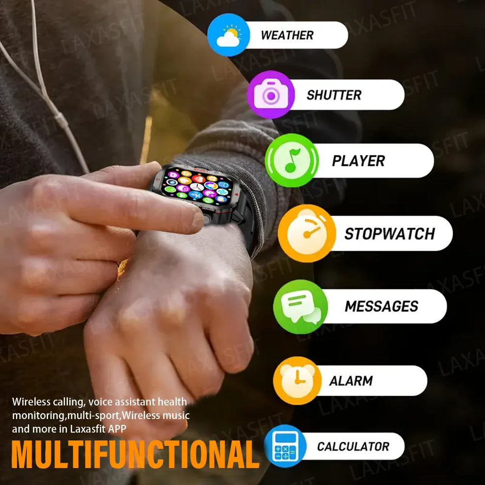 LAXASFIT Smart Watch Bluetooth Voice Call Smart Watch with LED Flashlight Health Monitor Outdoor Sports Smart Watch