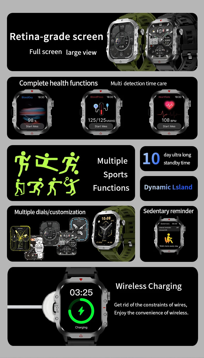 LAXASFIT Smart Watch Bluetooth Voice Call Smart Watch with LED Flashlight Health Monitor Outdoor Sports Smart Watch