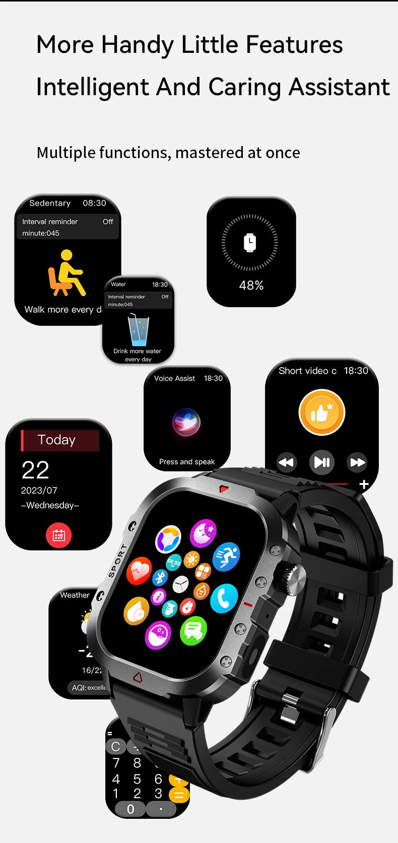 LAXASFIT Smart Watch Bluetooth Voice Call Smart Watch with LED Flashlight Health Monitor Outdoor Sports Smart Watch