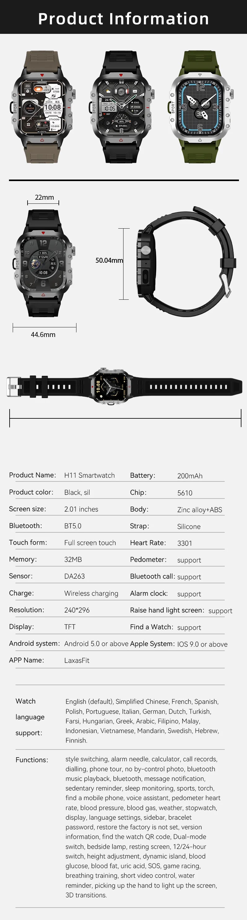 LAXASFIT Smart Watch Bluetooth Voice Call Smart Watch with LED Flashlight Health Monitor Outdoor Sports Smart Watch